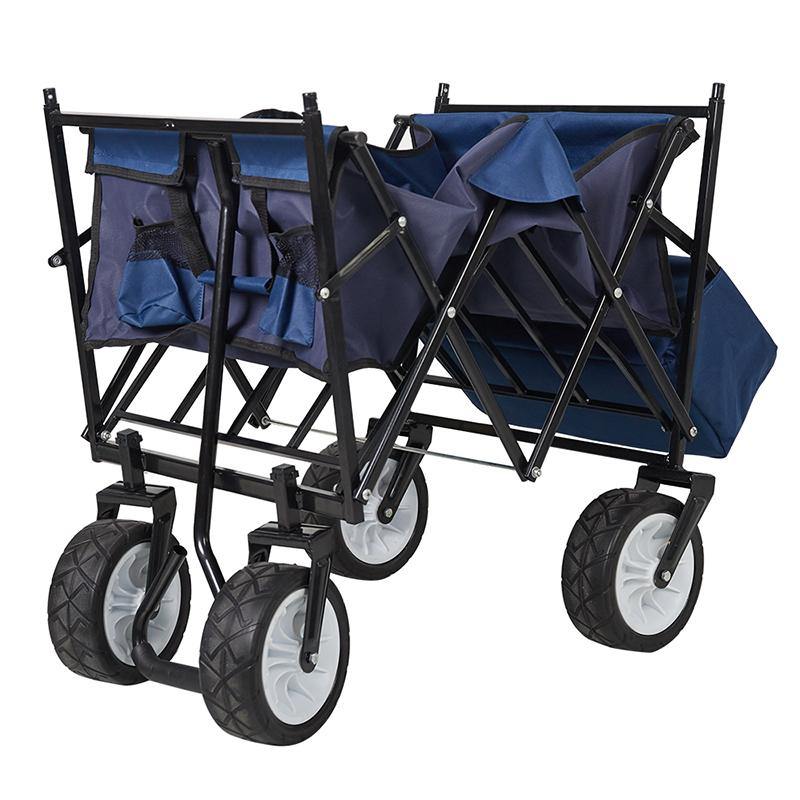 Outdoor Folding Wagon Collapsible Utility Cart with Removable Canopy and Storage Basket Blue - Bosonshop