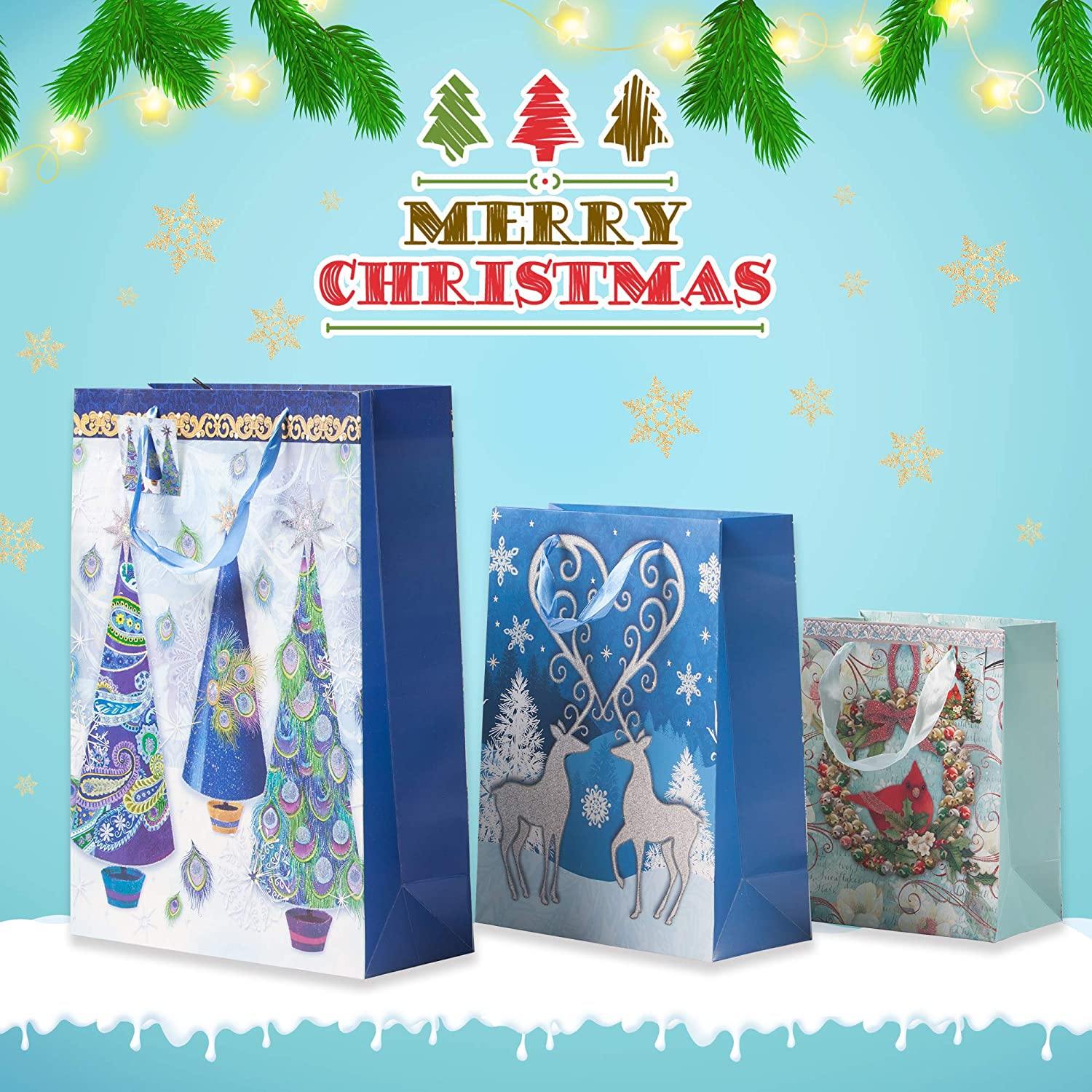 12 Pack Assorted Christmas Gift Bags with Small Medium Large Size, 4 Xmas Pattern Holiday Gift Bags with Tissue Paper, Blue with Glitter - Bosonshop