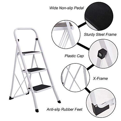 Bosonshop Folding Compact Portable 3 Step Ladder 330 lb Capacity, White