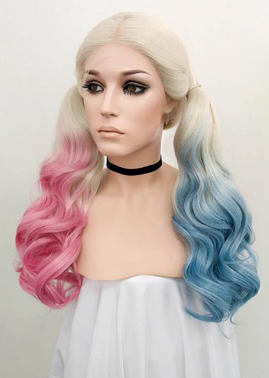 Wavy Blonde Harley Quinn Synthetic Pink Blue Ponytail Lace Front Wig - Bosonshop