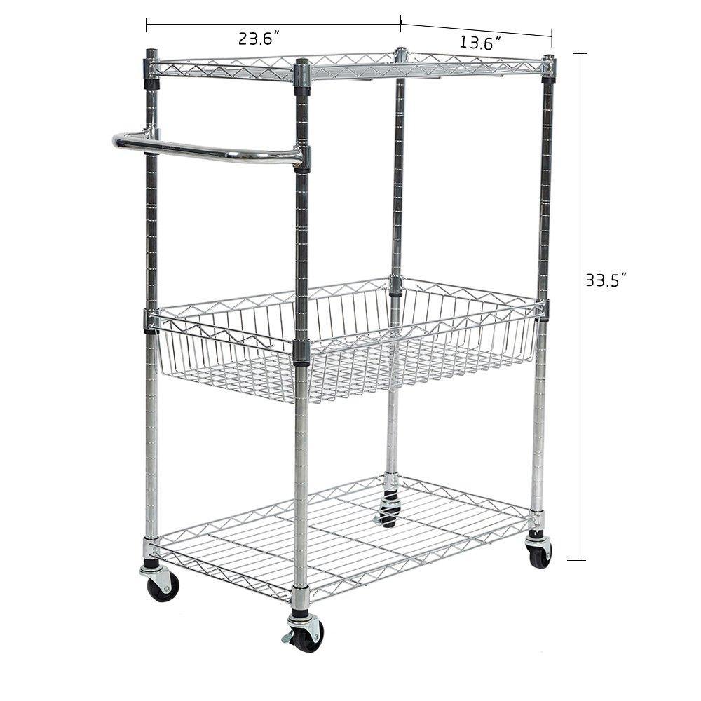 Bosonshop 3 Tier Wire Rolling Cart,Kitchen and Microwave Cart with Basket,Chrome Finish