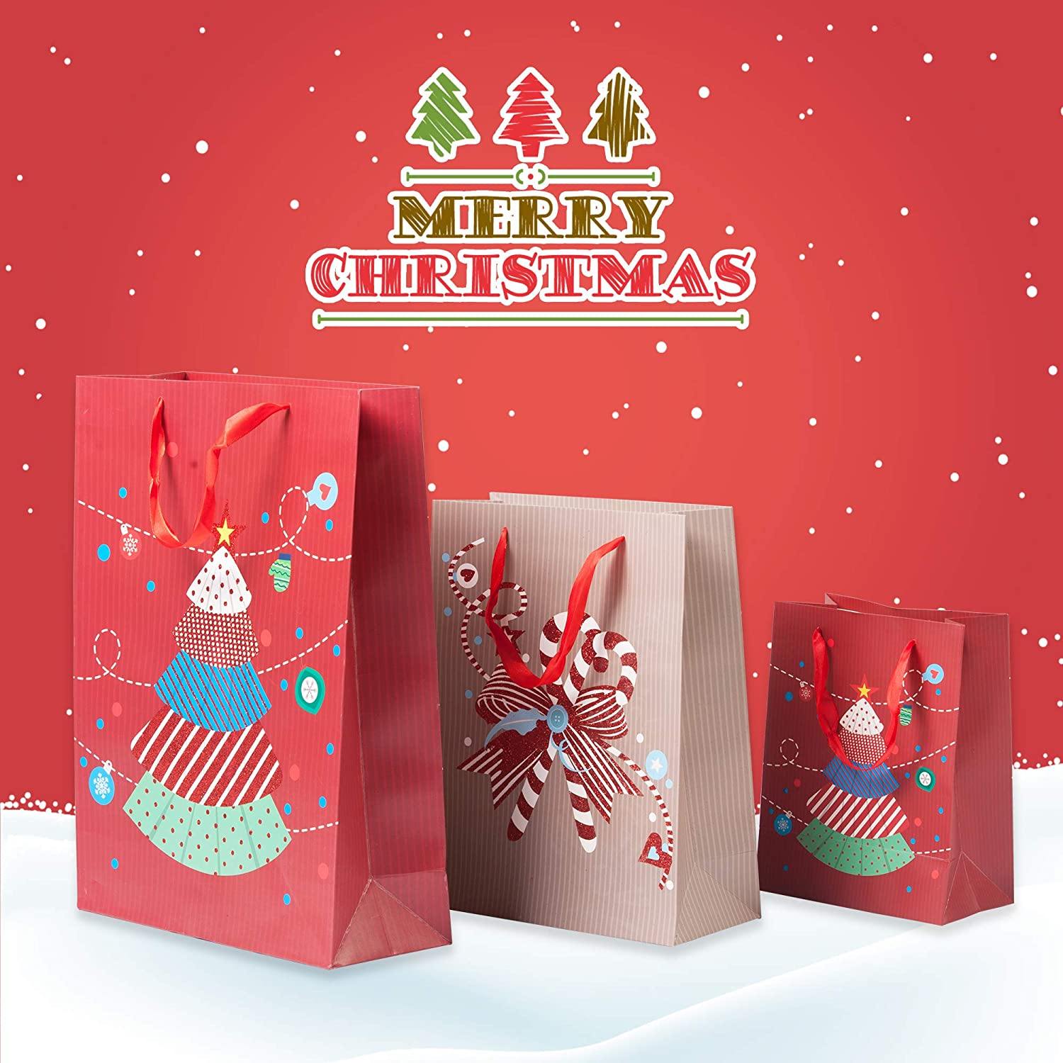 12 Pack Assorted Christmas Gift Bags with Small Medium Large Size, 4 Xmas Pattern Holiday Gift Bags with Tissue Paper, Red with Glitter - Bosonshop