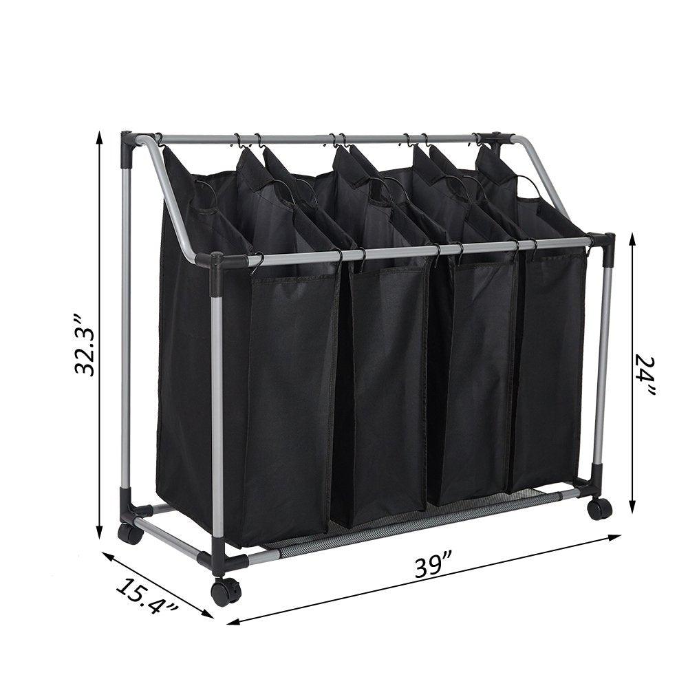 Bosonshop Heavy-Duty 4-Bag Rolling Laundry Sorter Storage Cart, Bag Laundry Organizer with Wheels（Black）