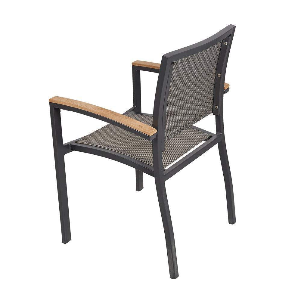 Bosonshop Outdoor Patio Dining Chairs with Teak Armrest,Textilene Mesh Fabric Aluminum Frame, Gray