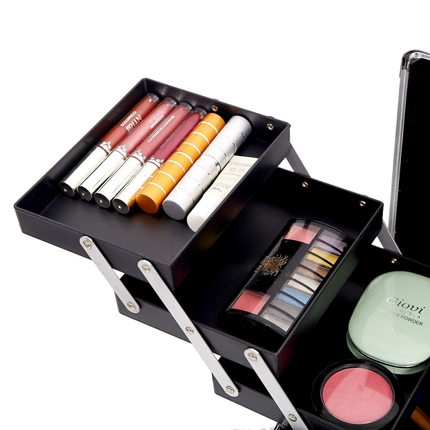 Professional Makeup Train Case with 6 Sliding Trays Portable Cosmetic Box Storage Organizer Aluminum Design - Bosonshop