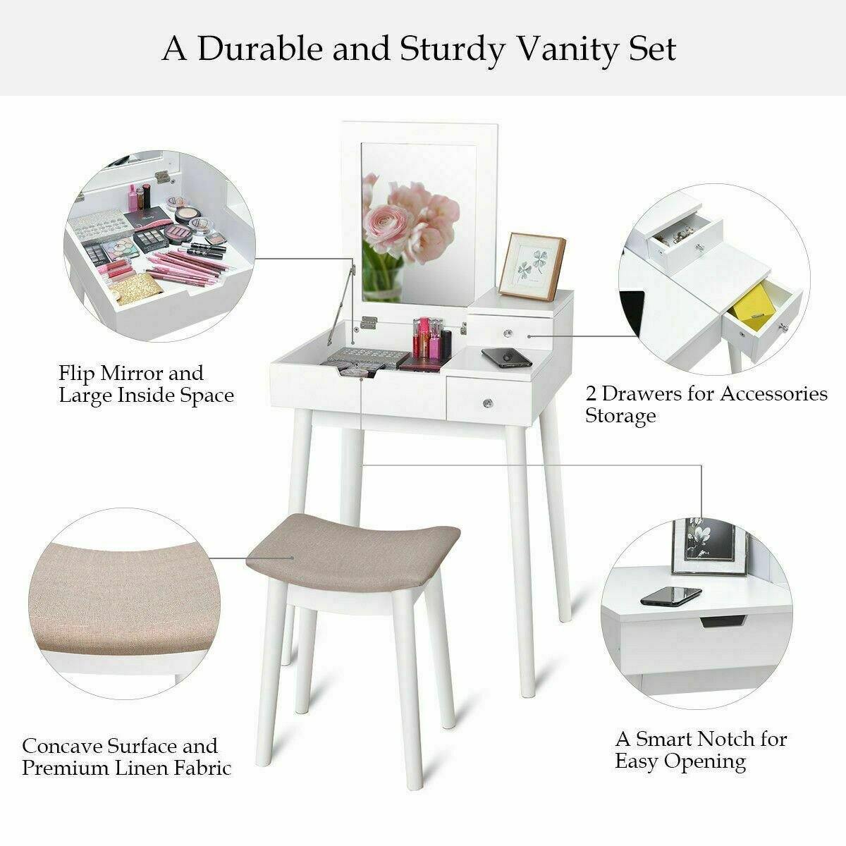 Vanity Table Set with Flip Mirror Desk Furniture Stool - Bosonshop