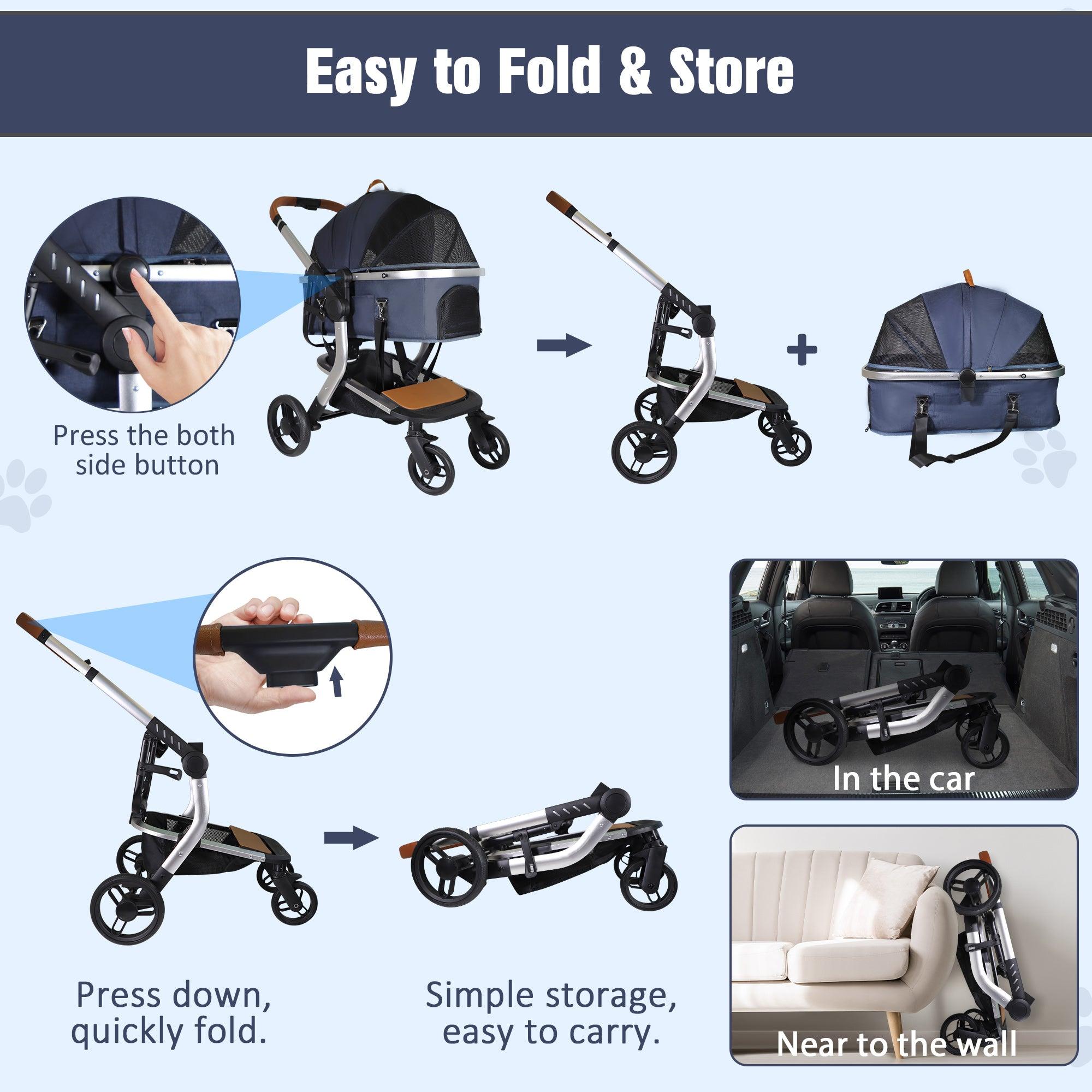 3 in 1 Foldable Aluminum Alloy Frame Pet Stroller with Detachable Carrier & Cup Holder, Up to 33 lbs - Bosonshop