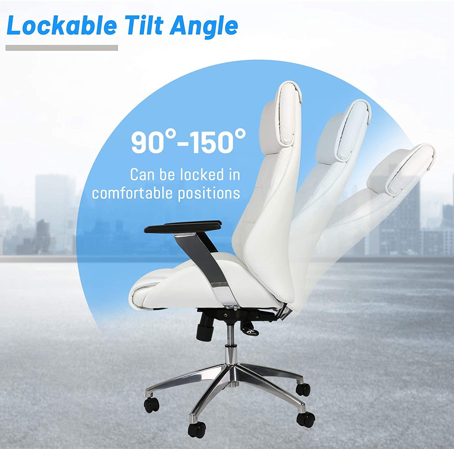 White Office Chair Ergonomic Leather High Back Heavy Duty Executive Chairs Adjustable Lock Position 360 Degree Swivel - Bosonshop