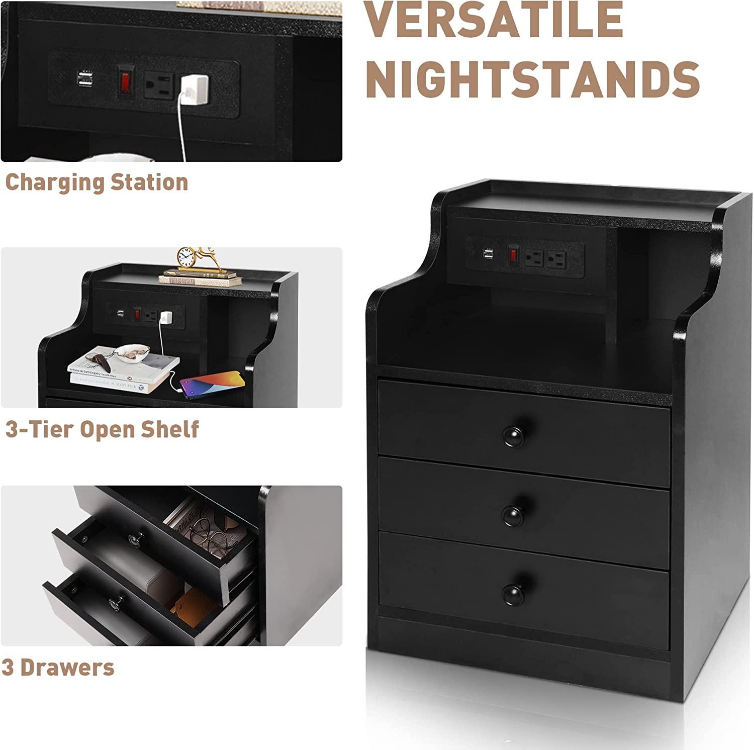 Nightstand with USB Charging Station Bedside Table 3 Drawers Storage Drawer End Side Table with Storage Wood Accent Table (Black 3 Drawers 2PC) - Bosonshop