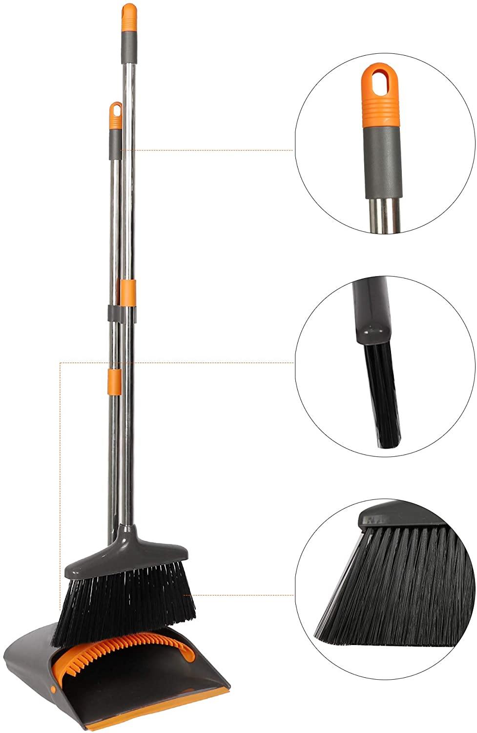 Broom and Dustpan Set Long Handle Lightweight and Robust Sweep Set Easy Assembly for Pet Hair Dirty Corners, Home Office, Grey + Orange - Bosonshop