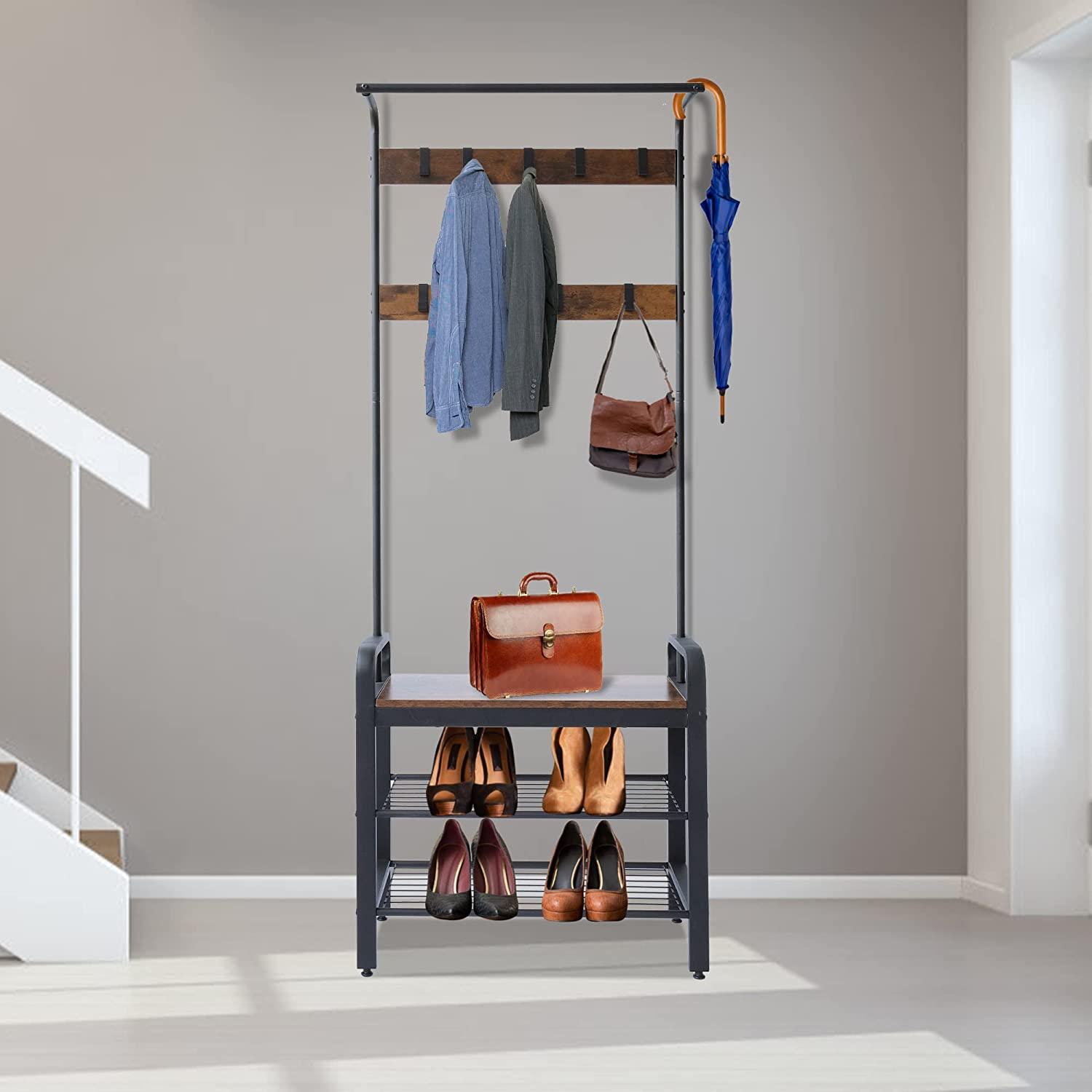 Freestanding Coat Rack with Shoe Bench, 3-in-1 Hall Tree Shoe Rack for Entryway - Bosonshop