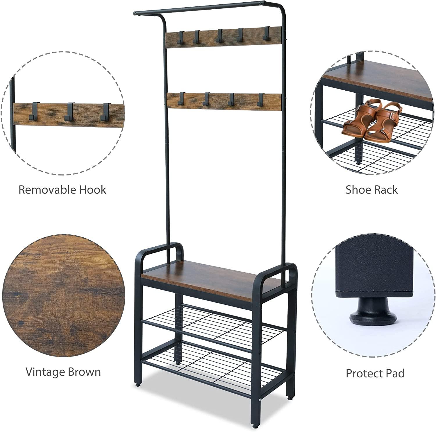 Freestanding Coat Rack with Shoe Bench, 3-in-1 Hall Tree Shoe Rack for Entryway - Bosonshop