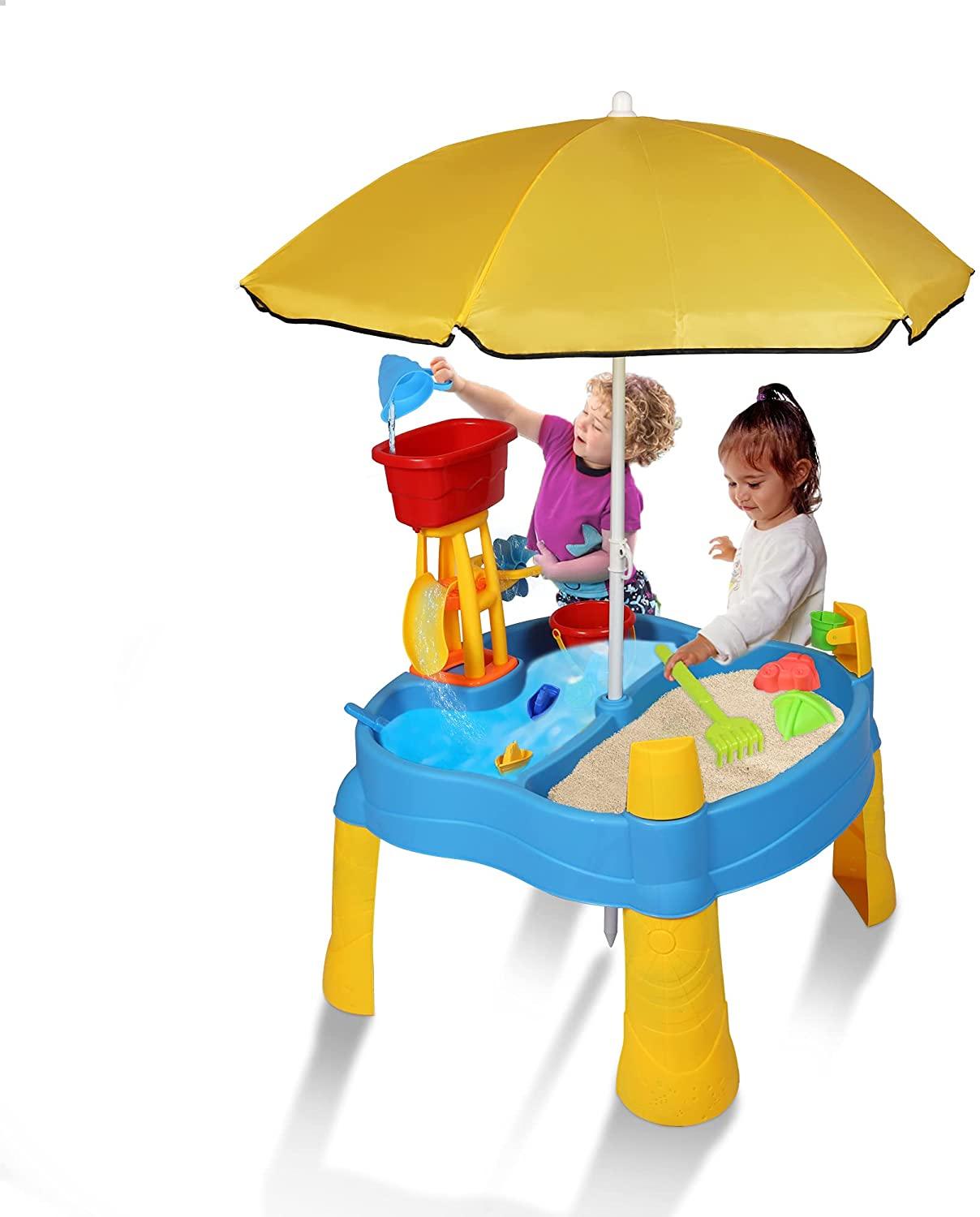 Kids Play Sand and Water Activity Table for Toddlers with Umbrella, Summer Beach Activity Toy Set for Outdoor - Bosonshop