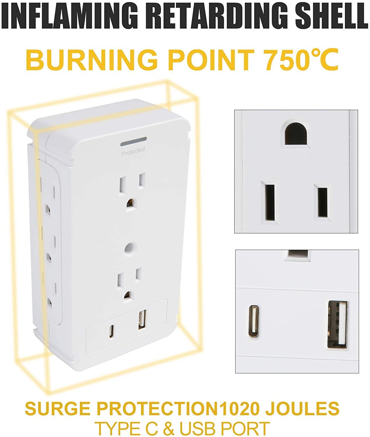 Socket Shelf Outlet 2 Pack Surge Protector Extender Wall plug with USB A+C Ports(3.4A Total), 8 AC Outlets - Bosonshop