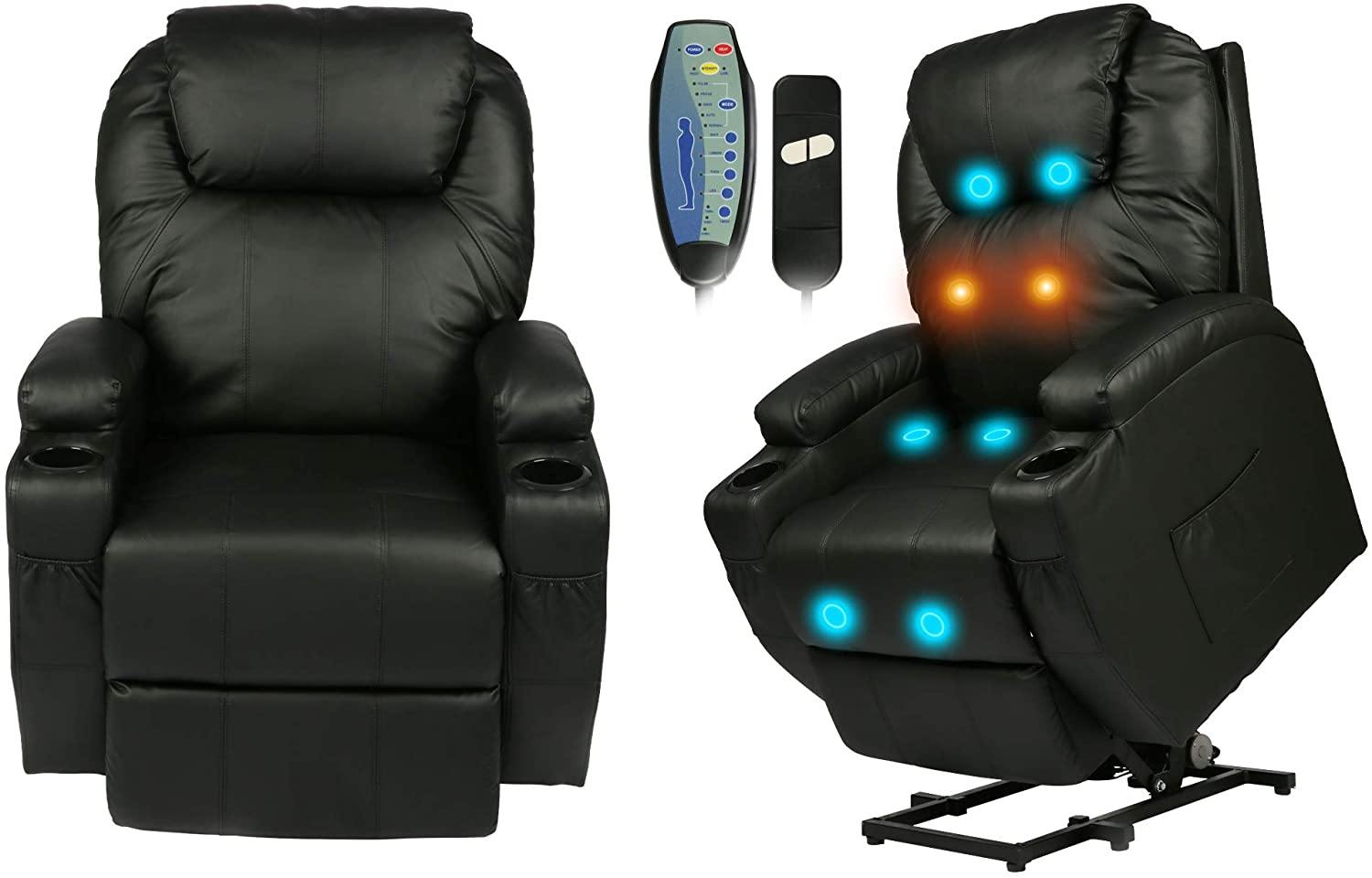 Single Recliner Chair with Massage & Heating Ergonomic Lounge Massage Sofa Power Lift with 2 Cup Holder Home Theater Seat, PU Leather, Black - Bosonshop