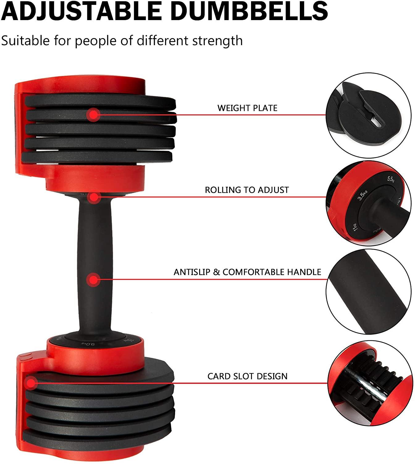 Adjustable Dumbbells For Five-Range 8/12/16/20/24 LBS Dumbbell Set With Cast Iron Weight Plate And Tray For Home Gym Workout - Bosonshop