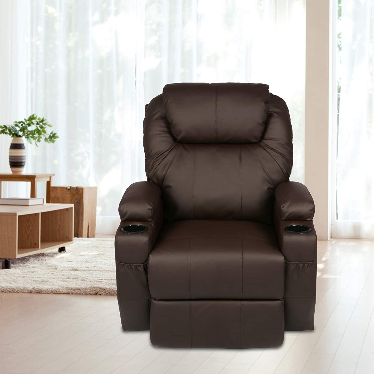 Single Recliner Chair with Massage & Heating Ergonomic Lounge Massage Sofa Power Lift with 2 Cup Holder Home Theater Seat, PU Leather, Brown - Bosonshop