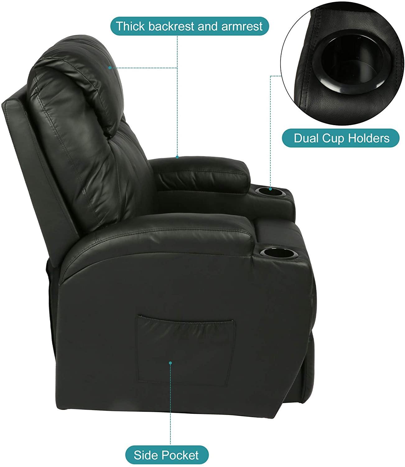 Single Recliner Chair with Massage & Heating Ergonomic Lounge Massage Sofa Power Lift with 2 Cup Holder Home Theater Seat, PU Leather, Black - Bosonshop