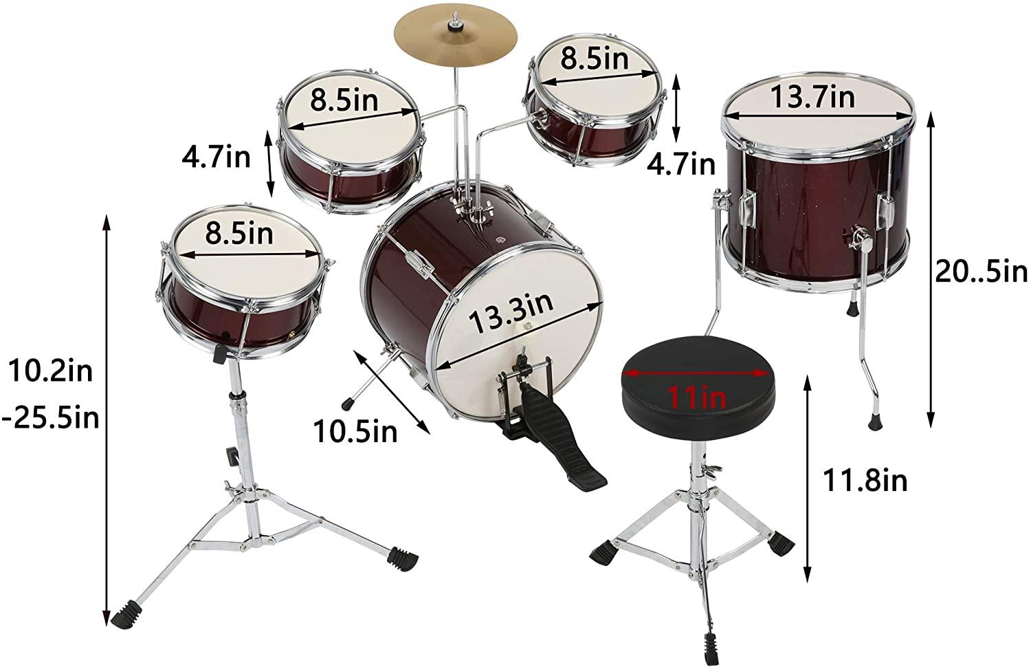 Kids Drum Set 5-Piece Junior Musical Instrument Beginner Kit with 14" Bass, Adjustable Throne, Cymbals, Pedals, Drumsticks - Bosonshop