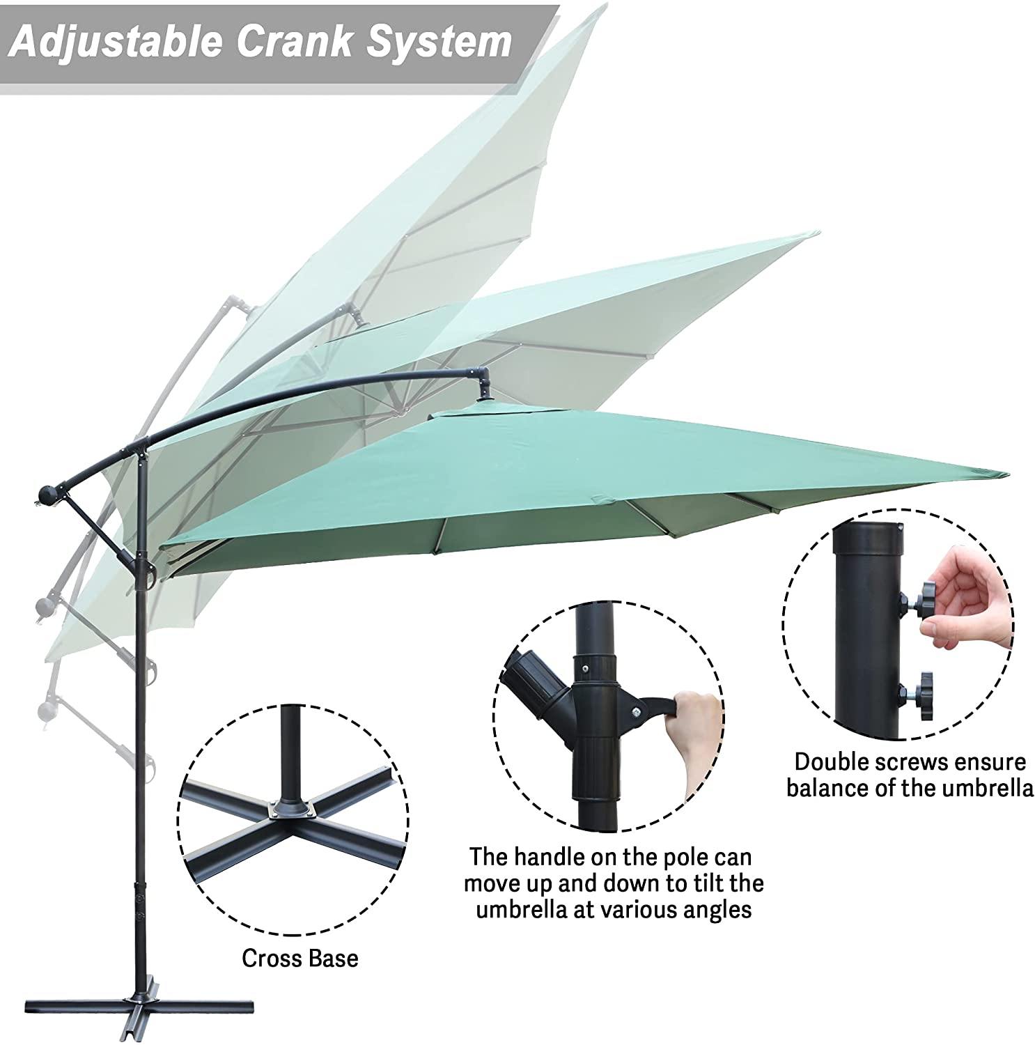 10 Ft Outdoor Offset Cantilever Hanging Patio Umbrella with Crank & Cross Base, Green - Bosonshop