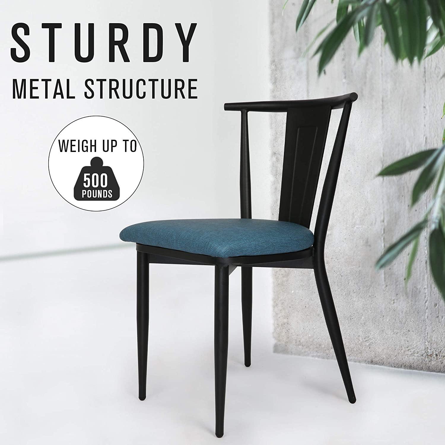 Industrial Dining Chairs Set of 2, High Back Black Iron Chair Frame with PU Leather Upholstered Seat, Blue - Bosonshop