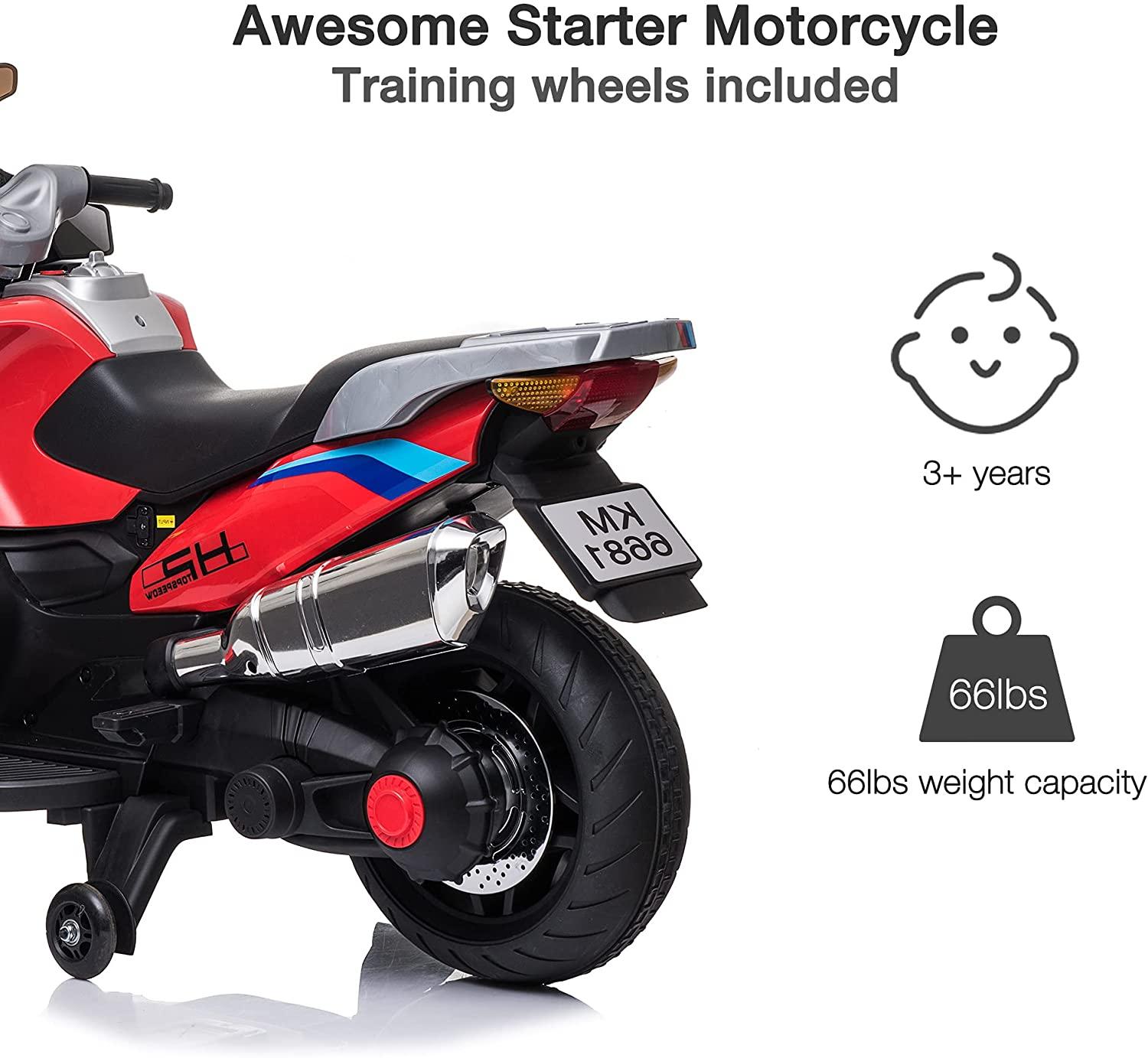 12V Electric Ride-On  Motorcycle for Kids, with Training Wheels, LED Lights, Music, Red - Bosonshop