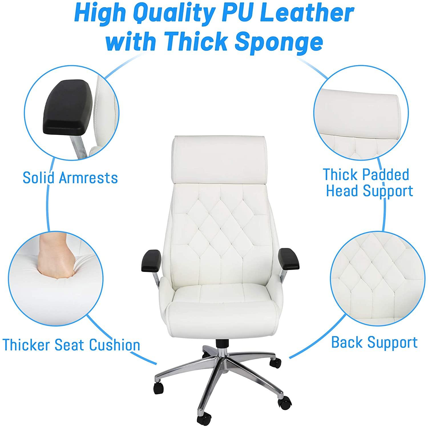 White Office Chair Ergonomic Leather High Back Heavy Duty Executive Chairs Adjustable Lock Position 360 Degree Swivel - Bosonshop