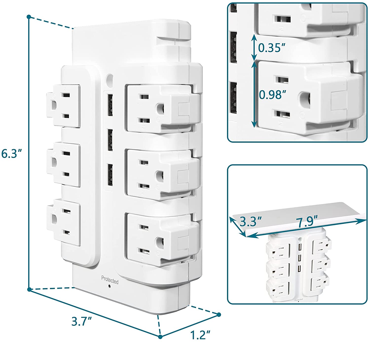 Power Strip Tower 6 Outlets 3 Usb with Removable Shelf Wall Mount for Home Office - Bosonshop