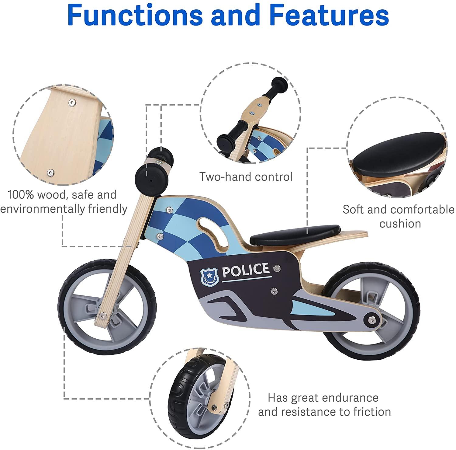 Kid 2 Wheels Wooden Police Running Balance Bicycle without Pedal - Bosonshop