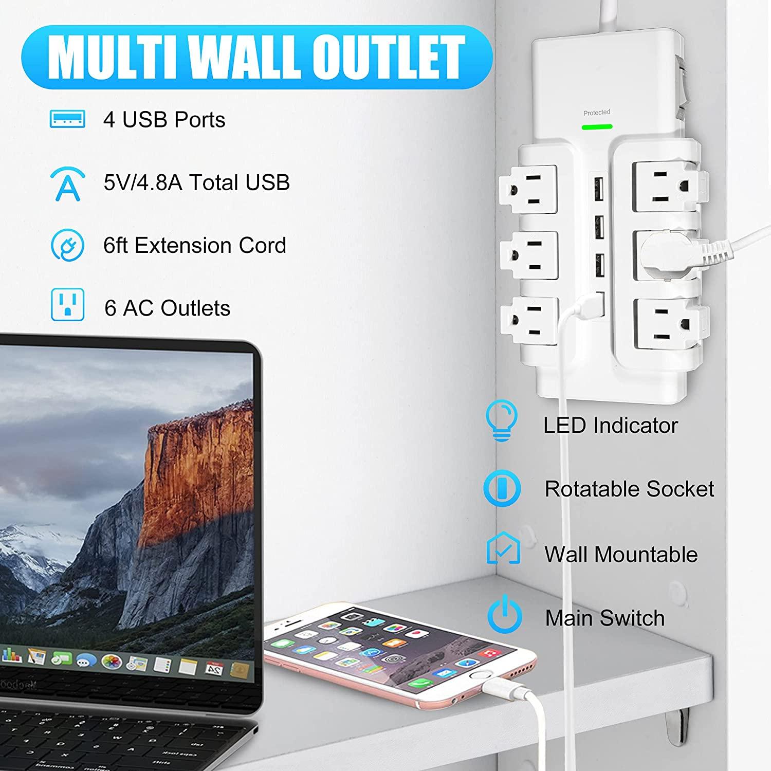 6 Outlets Extender Rotating Power Strip Surge Protector with 4 USB Ports and 6ft Heavy Duty Extension Cord Wall Mount for Home Office - Bosonshop