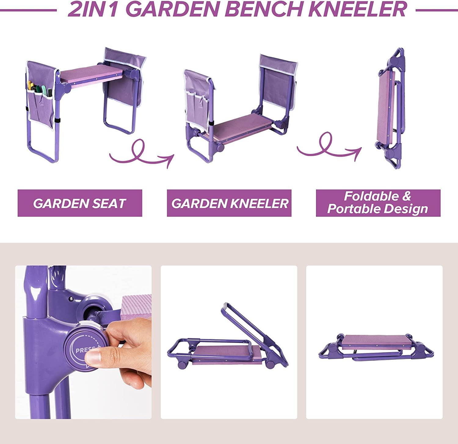 Garden Kneeler Widen Seat Bench Folding Gardening Stools with EVA Foam Kneeling Pad and 2 Tool Pouch, Purple - Bosonshop