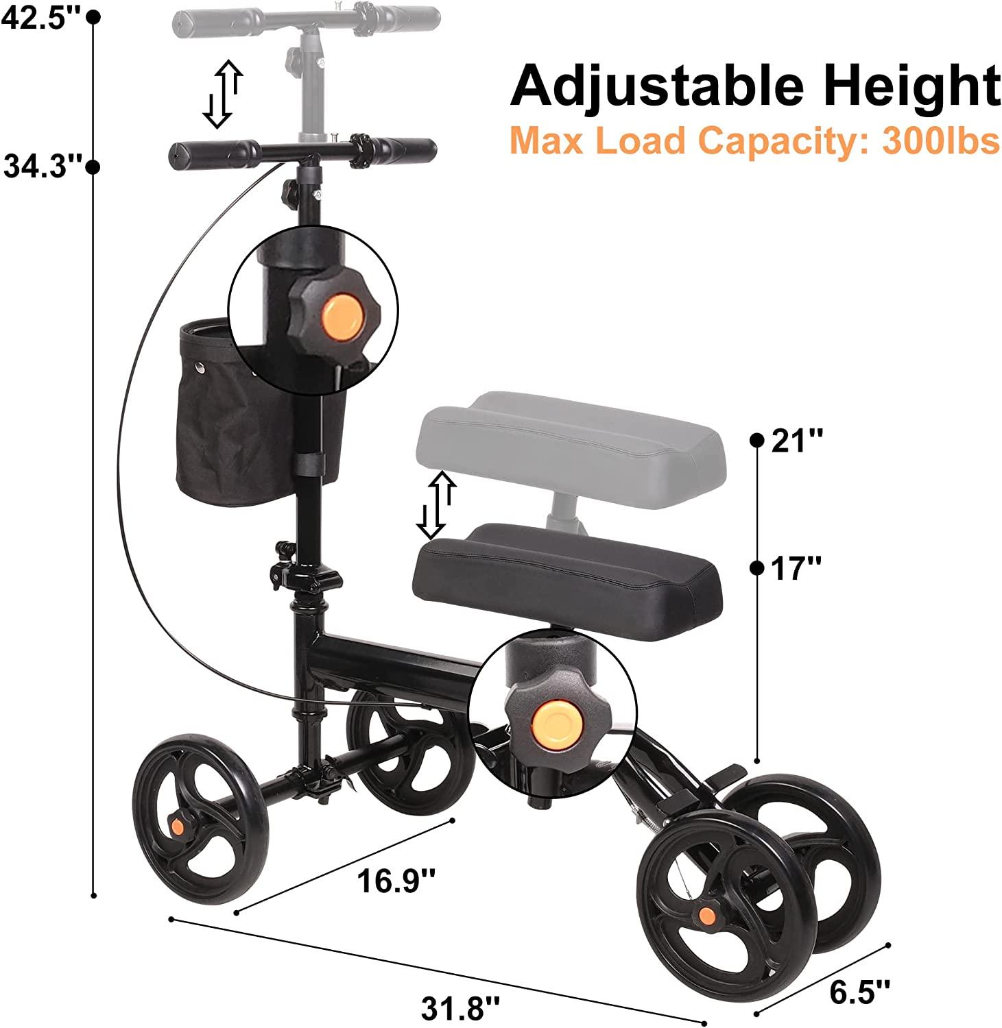 Adjustable Steerable Knee Scooter Suitable for Outdoor Indoor Foldable Knee Scooter with Shock Absorber for Adults with Foot/Ankle Injuries (Black) - Bosonshop