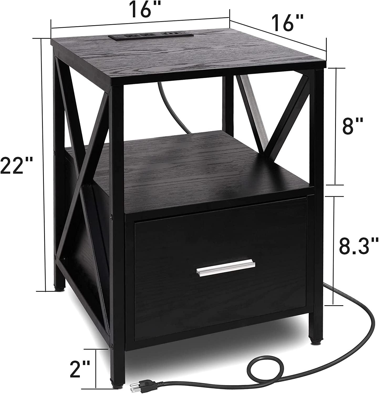 Nightstand Set of 2 Side Table with Charging Station USB Drawer Storage Night Stand BedSide Table with Drawer End Side Table with Storage Wood Accent Table (Black 1 Drawers 2 PC) - Bosonshop