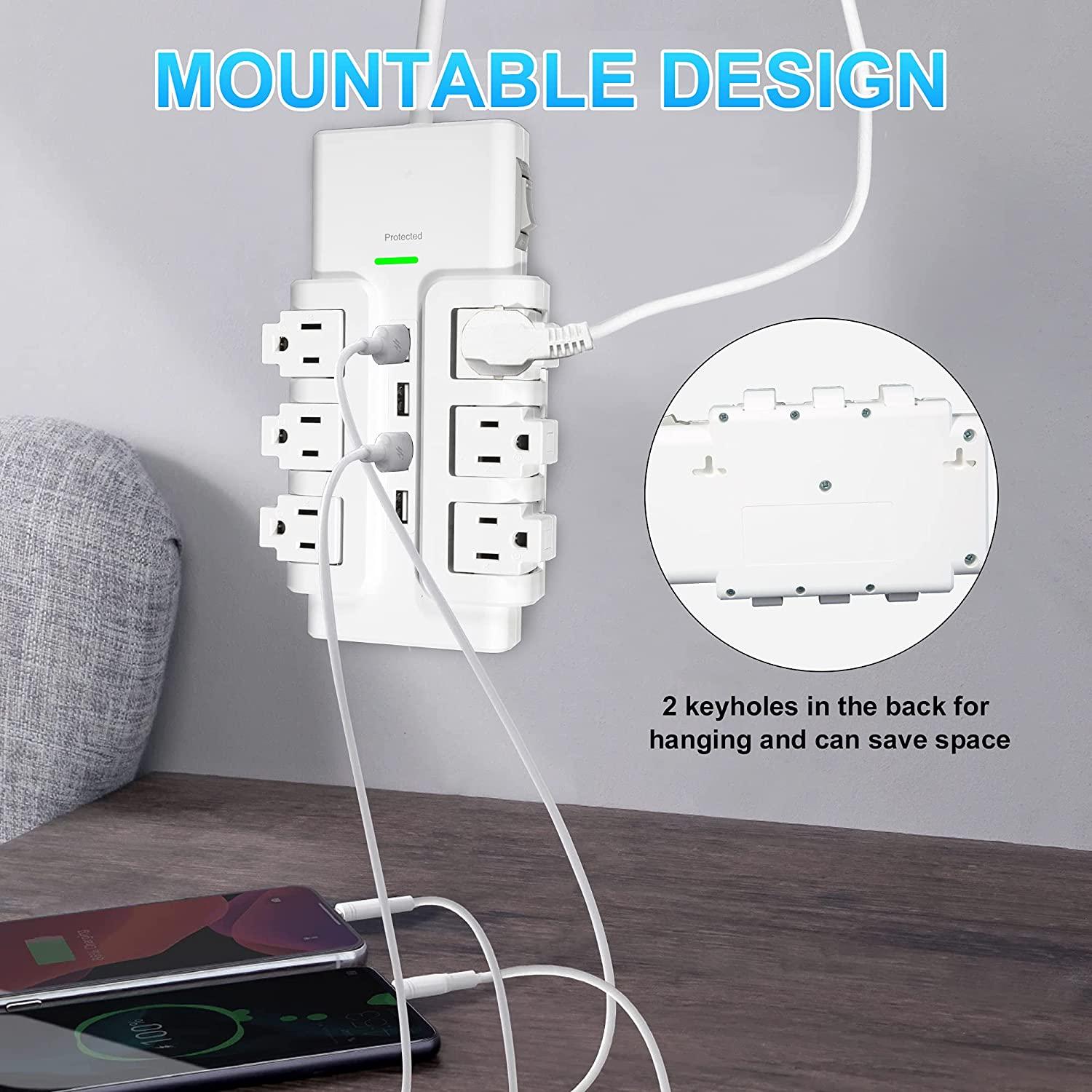 6 Outlets Extender Rotating Power Strip Surge Protector with 4 USB Ports and 6ft Heavy Duty Extension Cord Wall Mount for Home Office - Bosonshop