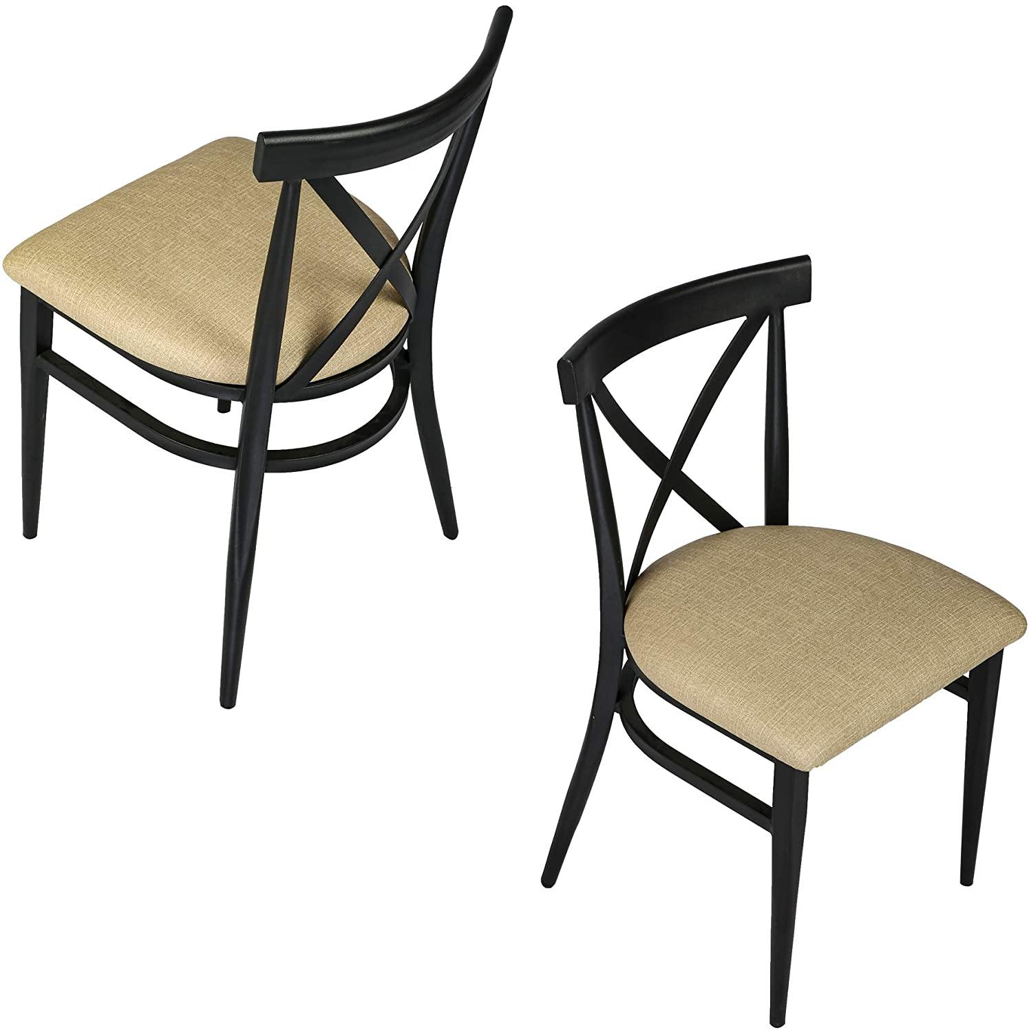 Crossback Dining Chairs Set of 2, Industrial Side Modern Metal Upholstered Chair With PU Leather Seat & X-Shaped Back, Beige & Black - Bosonshop