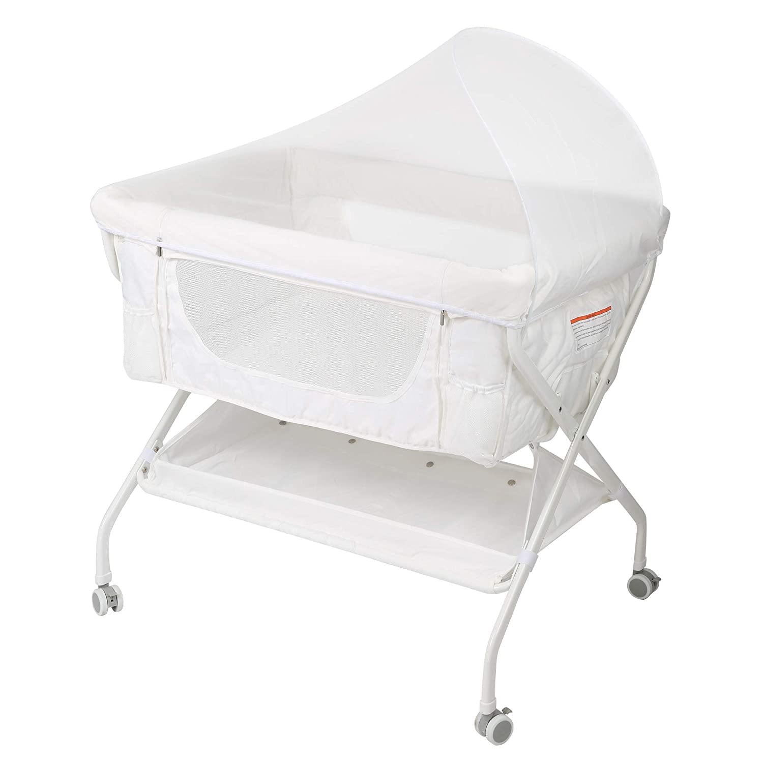 Baby Bassinet Bedside Sleeper Folding Crib with 4 Wheels, Newborn Infant Bed with Soft Comfort Mattress - Bosonshop