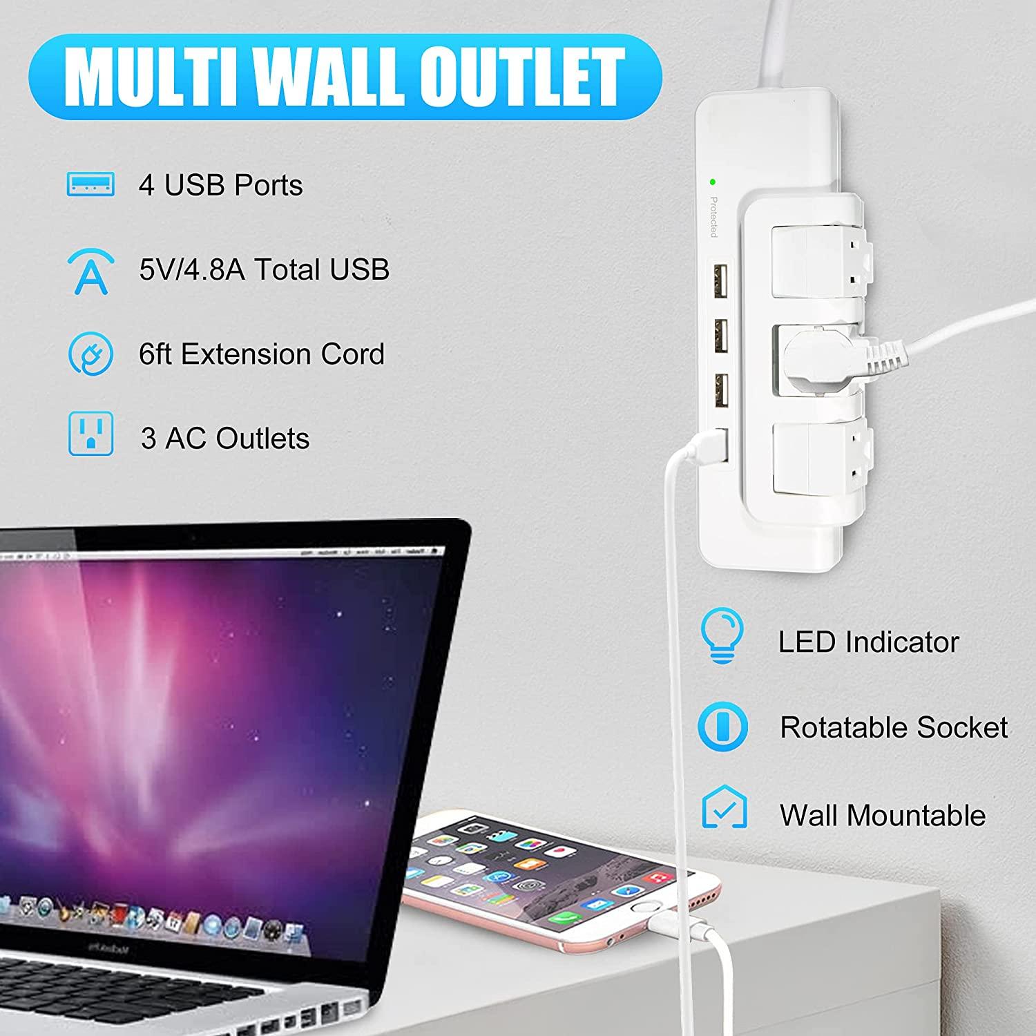 3 Outlets Extender Rotating Power Strip Surge Protector with 4 USB Ports and 6ft Heavy Duty Extension Cord Wall Mount for Home Office - Bosonshop