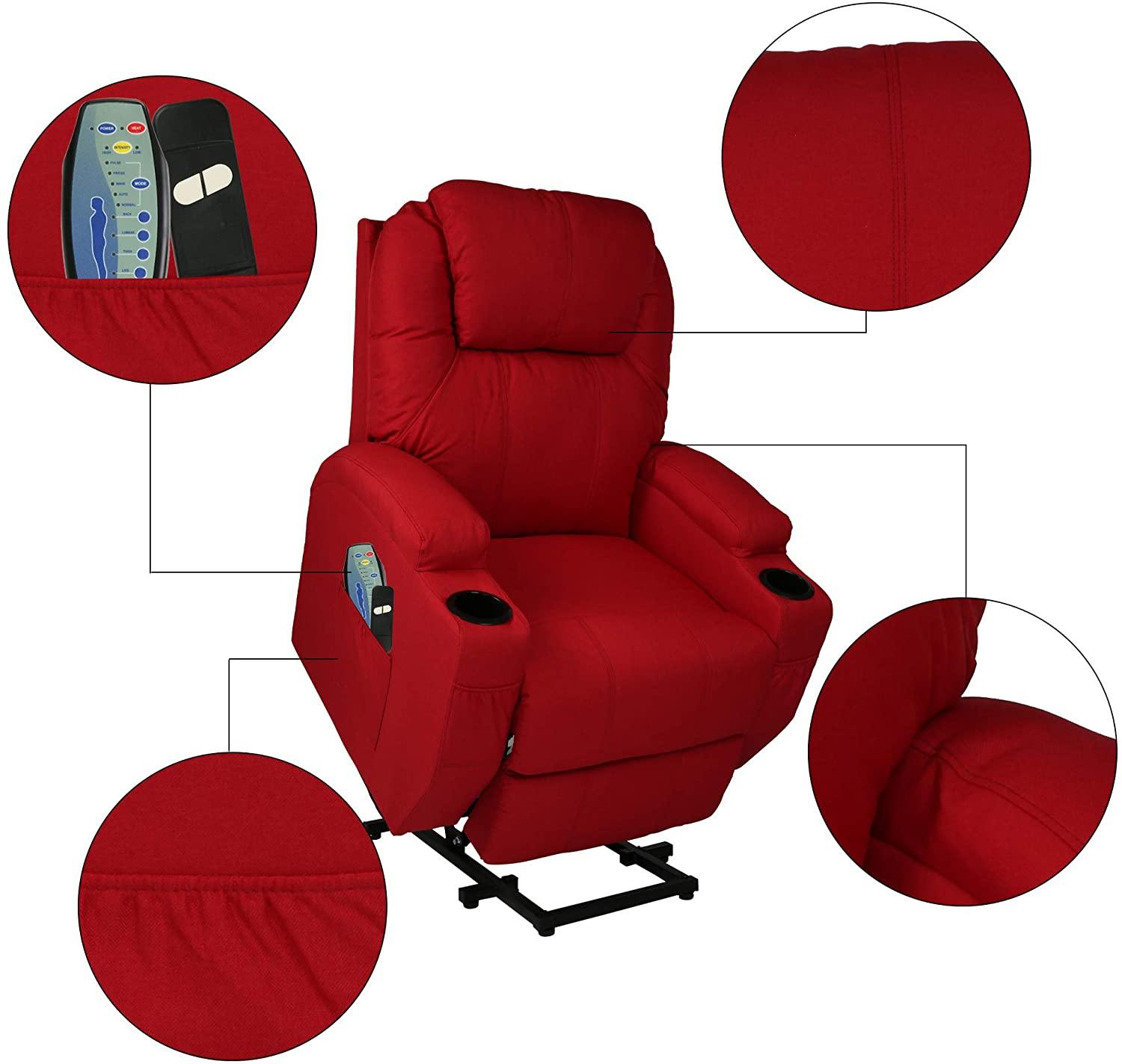 Single Recliner Chair with Massage & Heating Ergonomic Lounge Massage Sofa Power Lift with 2 Cup Holder Home Theater Seat, Fabric, Red - Bosonshop