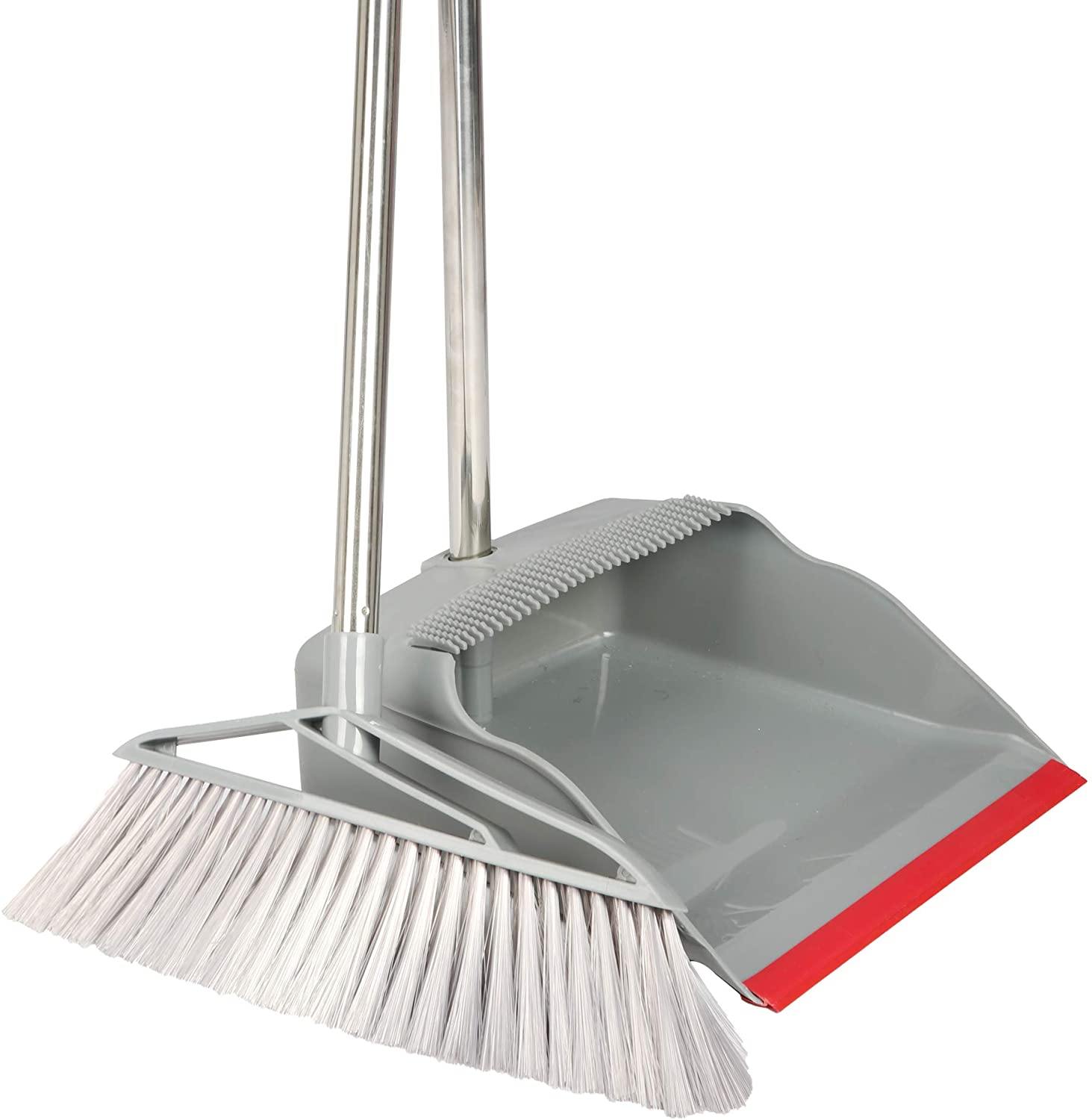 Broom and Dustpan Set Long Handle Lightweight and Robust Sweep Set Easy Assembly for Pet Hair Dirty Corners, Home Office, Grey + Red - Bosonshop