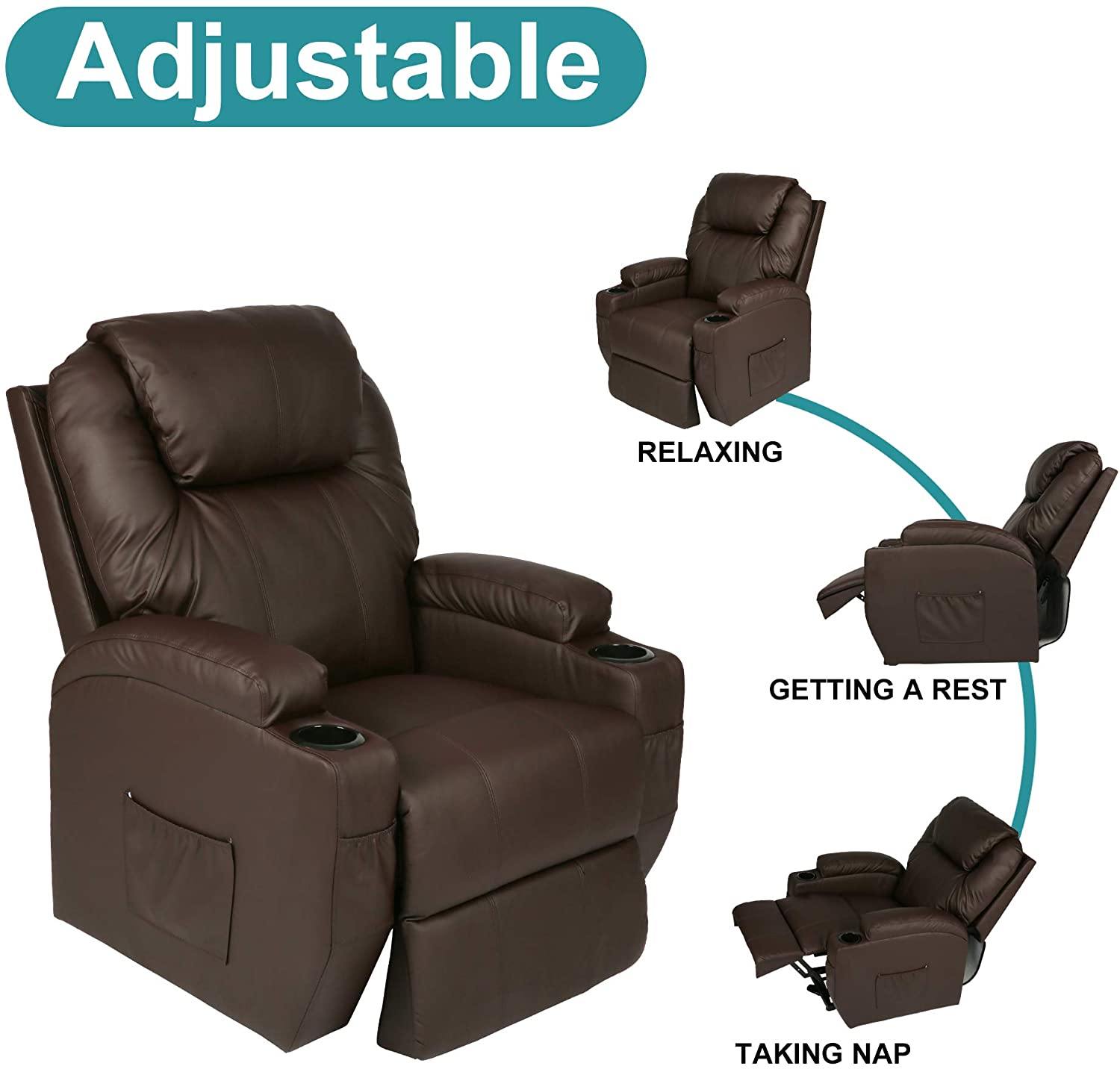 Single Recliner Chair with Massage & Heating Ergonomic Lounge Massage Sofa Power Lift with 2 Cup Holder Home Theater Seat, PU Leather, Brown - Bosonshop