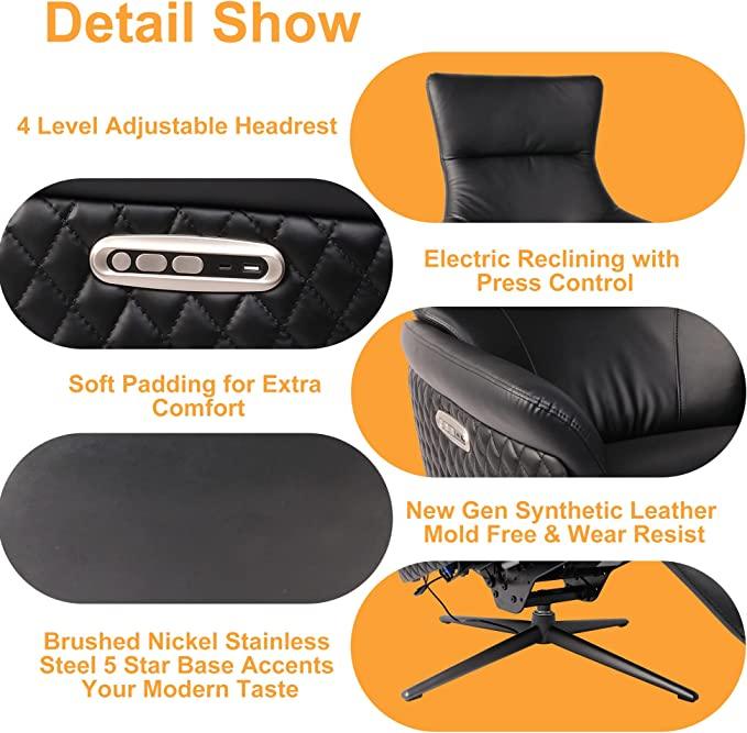 Power Recliner Lounge Chair Single - Swivel Leather Electric Recliner Press Control Adjustable Headrest Zero Gravity, Black - Bosonshop