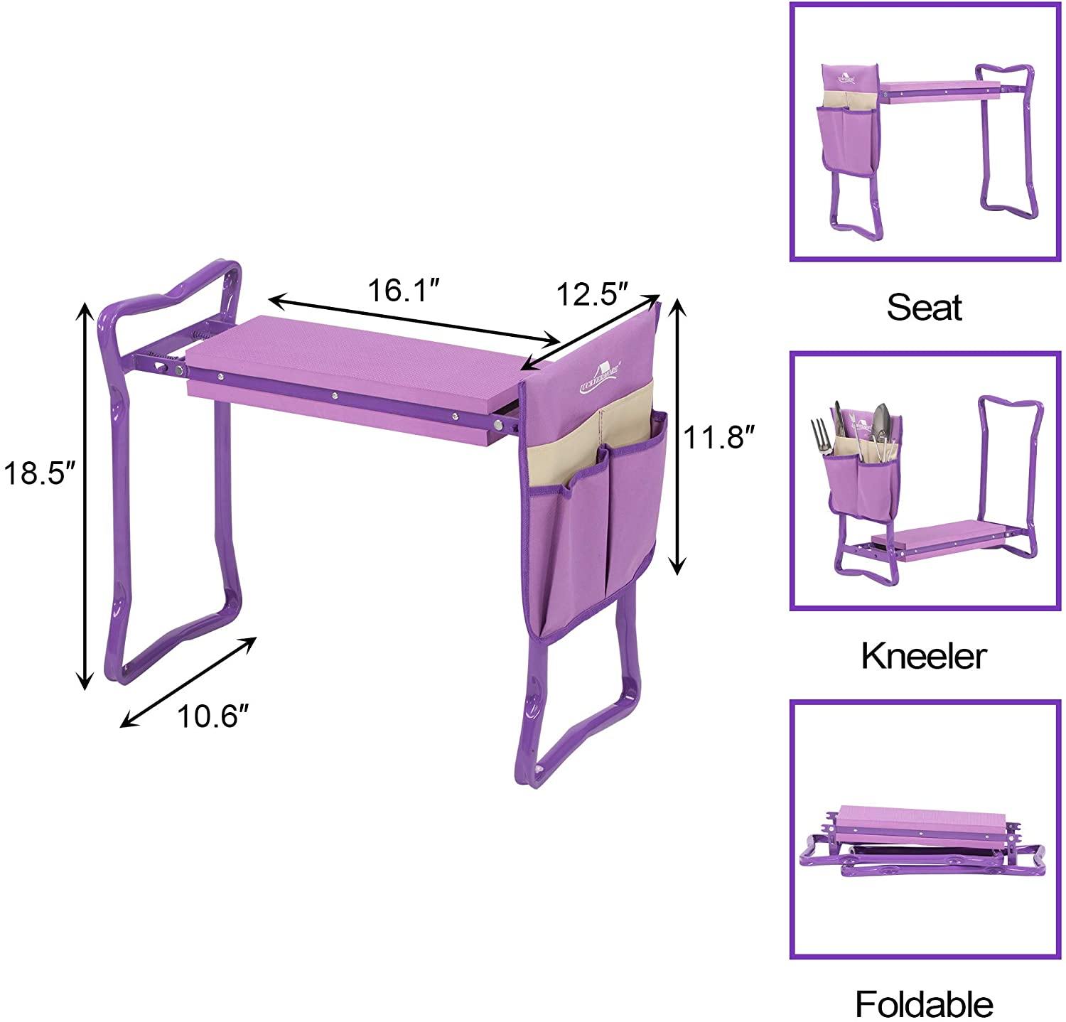 Garden Kneeler and Seat Folding Kneeling Bench Stool with Tool Pouches Soft EVA Foam for Gardening, Purple - Bosonshop