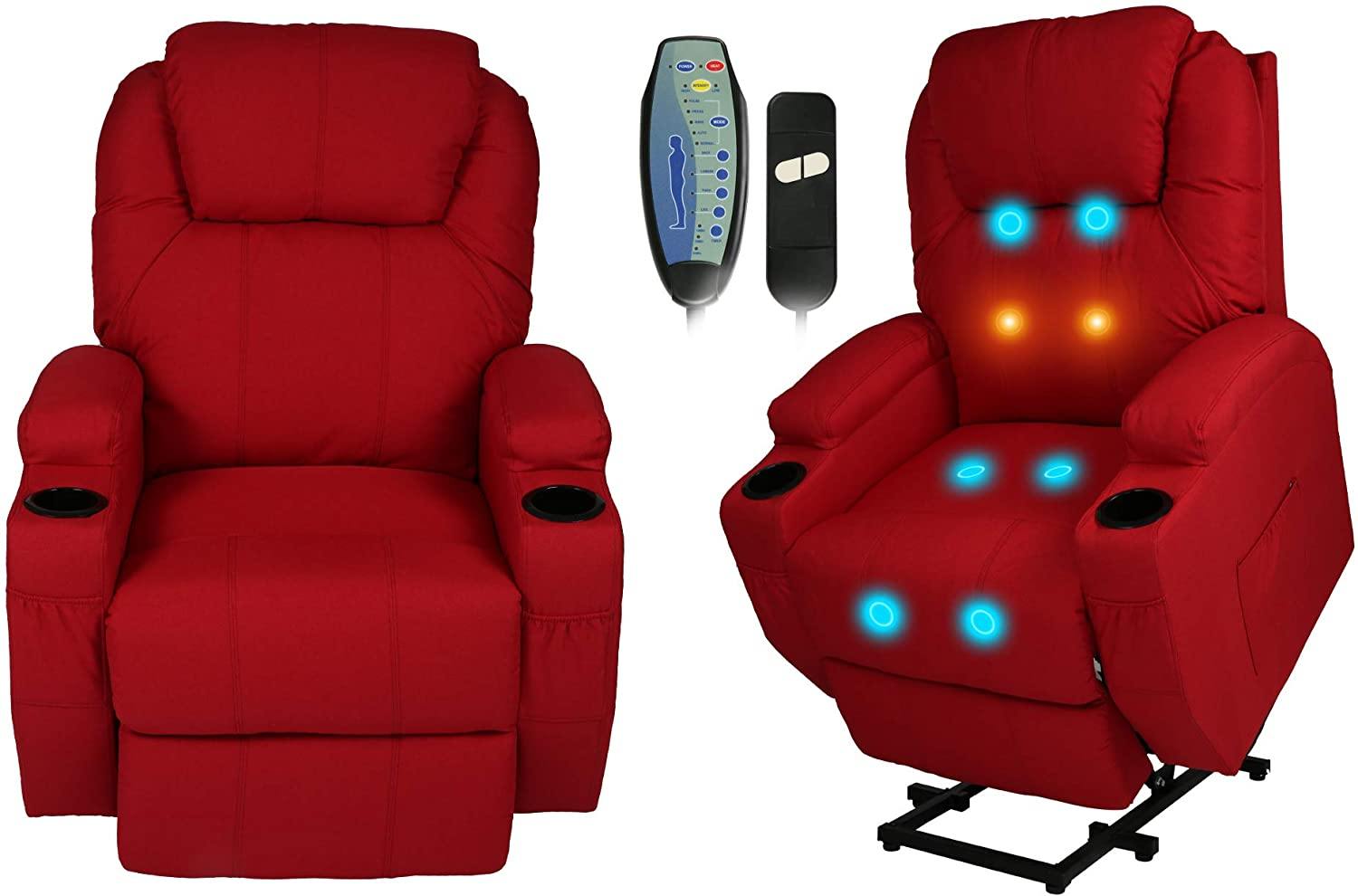 Single Recliner Chair with Massage & Heating Ergonomic Lounge Massage Sofa Power Lift with 2 Cup Holder Home Theater Seat, Fabric, Red - Bosonshop