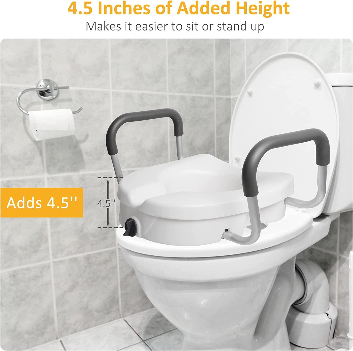 Raised Toilet Seat with Removable or Adjustable Handles, Plastic Raised Toilet Seat with Lock and Padded Armrests, White - Bosonshop