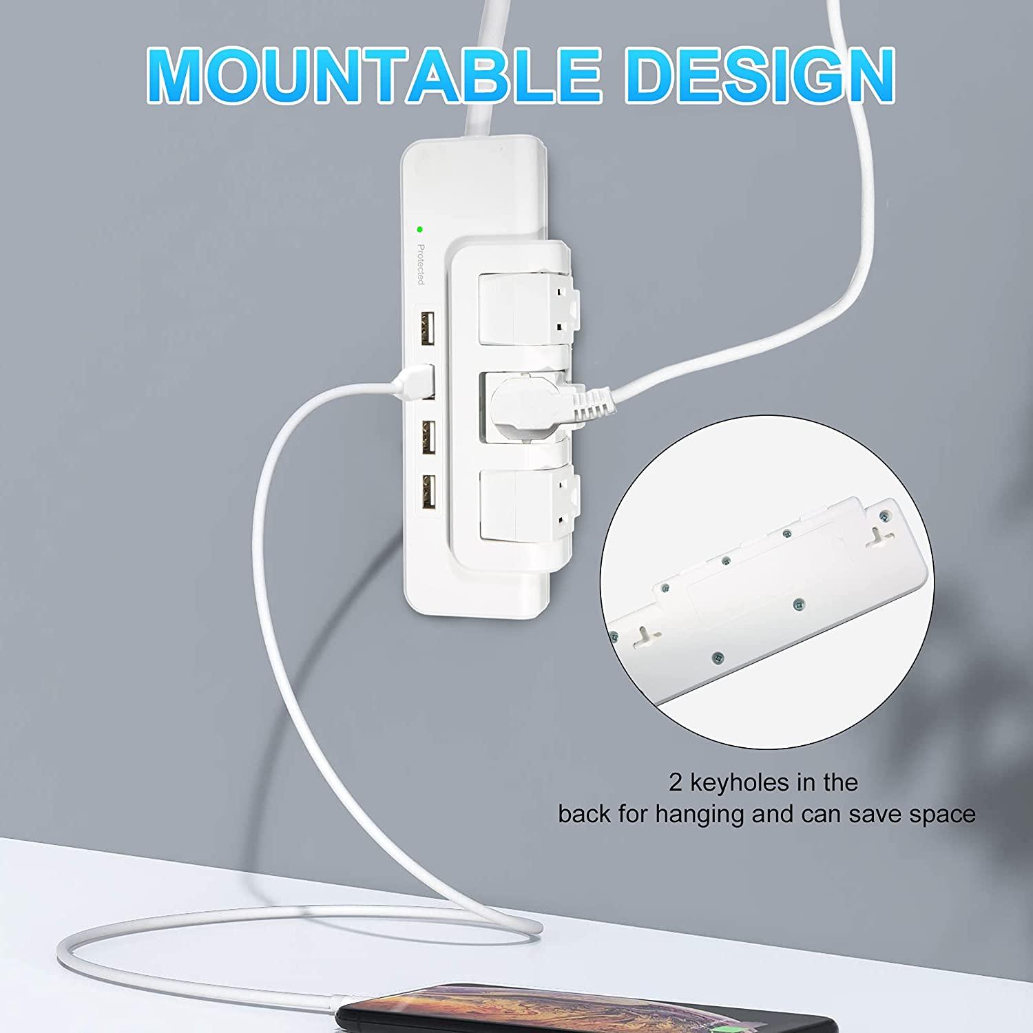 3 Outlets Extender Rotating Power Strip Surge Protector with 4 USB Ports and 6ft Heavy Duty Extension Cord Wall Mount for Home Office - Bosonshop