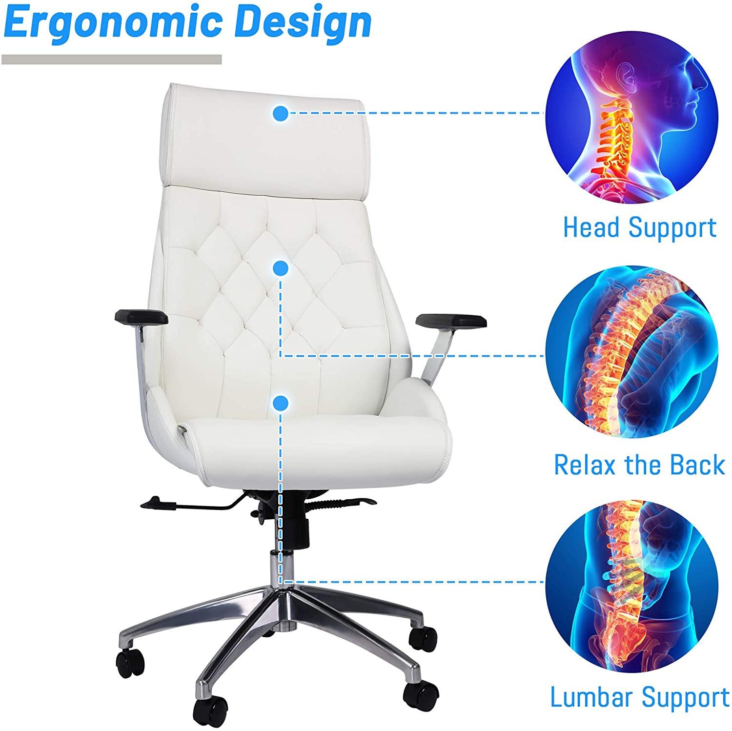 White Office Chair Ergonomic Leather High Back Heavy Duty Executive Chairs Adjustable Lock Position 360 Degree Swivel - Bosonshop