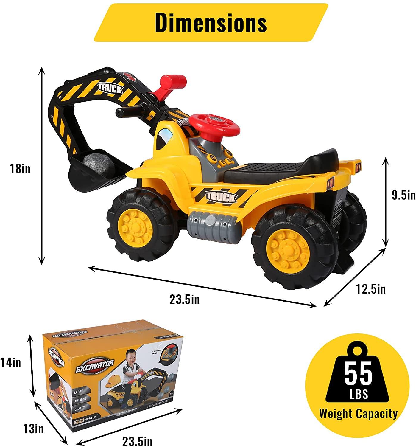 Kids Ride On Excavator Toy with Simulated Sounds Boys Pretend Play Construction Truck Digger Tractor with Steering Wheel, Helmet, Rocks - Bosonshop