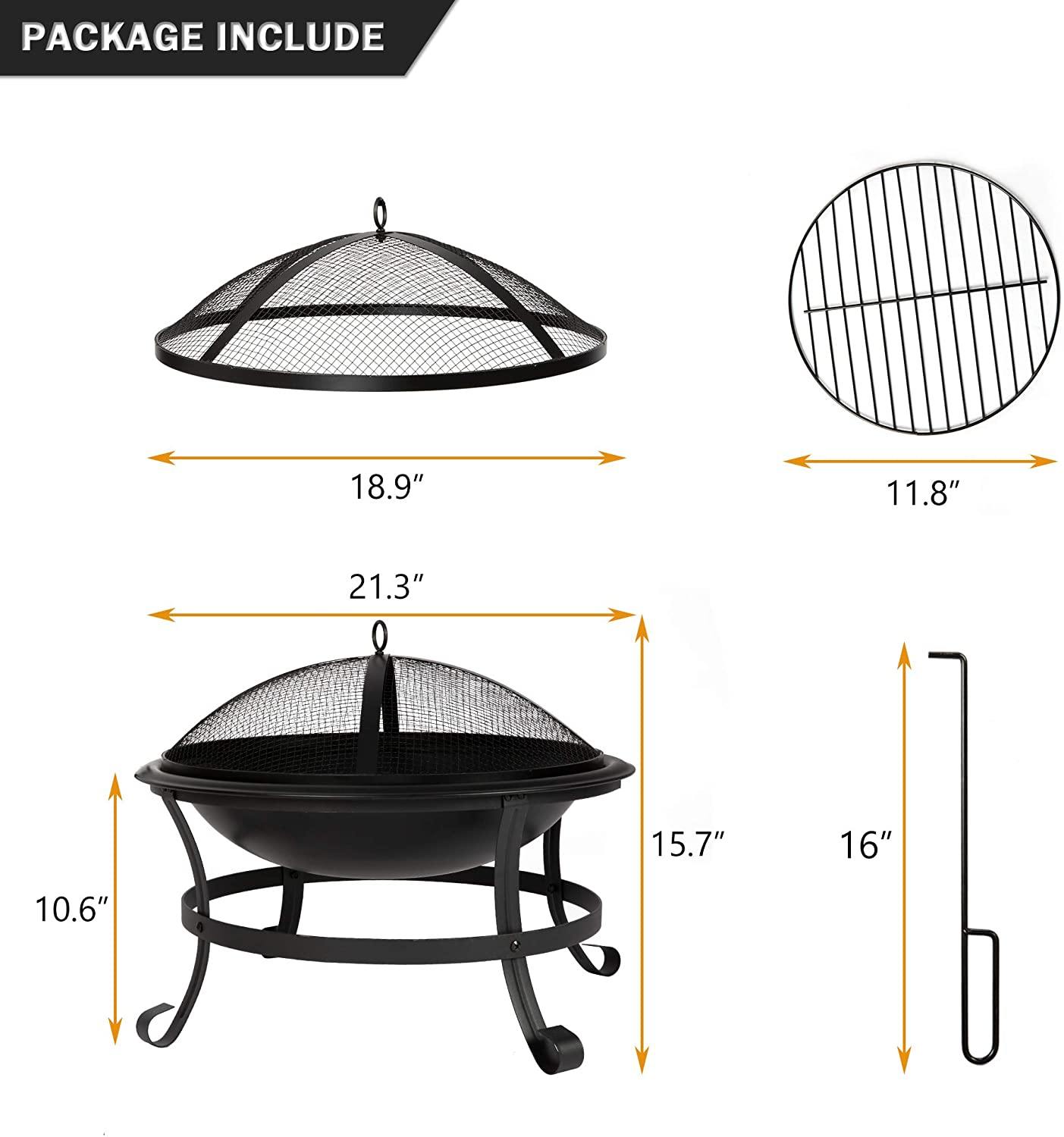 22'' Outdoor Wood Burning BBQ Grill Firepit Bowl w/Spark Round Mesh Spark Screen Cover Fire Poker Patio Steel Fire Pit Bonfire for Backyard Camping - Bosonshop