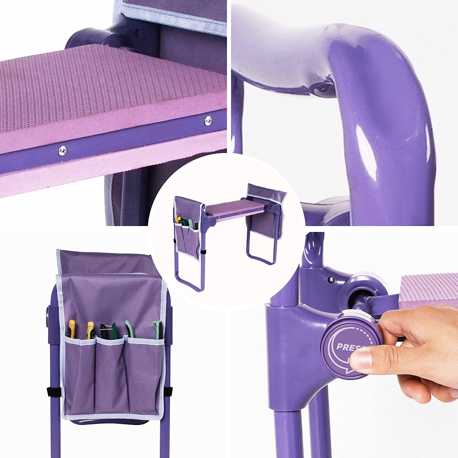 Garden Kneeler Widen Seat Bench Folding Gardening Stools with EVA Foam Kneeling Pad and 2 Tool Pouch, Purple - Bosonshop