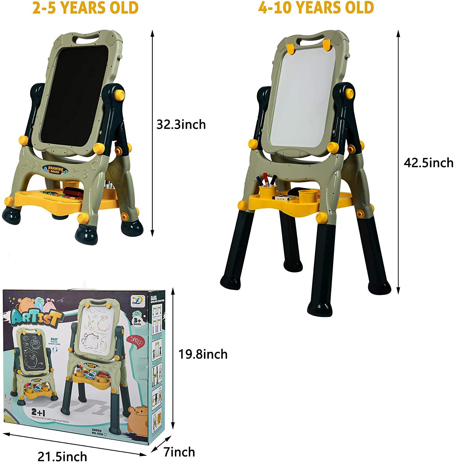 Kids Art Easel for Boys & Girls -Double Sided Standing Art Drawing Board- with Two Height Adjustable- Chalkboard and Magnetic Dry Erase Board, Green - Bosonshop